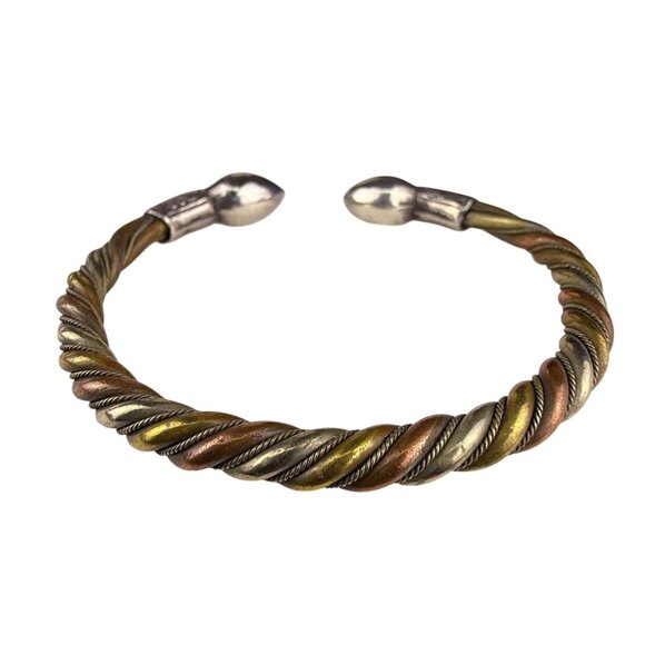 Twisted Mixed Metal Cuff Bracelet Rope Design Brass Copper Silver Tone Adjustabl - Picture 1 of 3